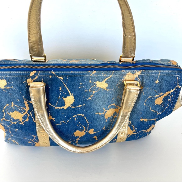 JUNIOR DRAKE Metallic Gold Studded Leather Blue Denim Weekender Oversized Tote - Picture 9 of 16